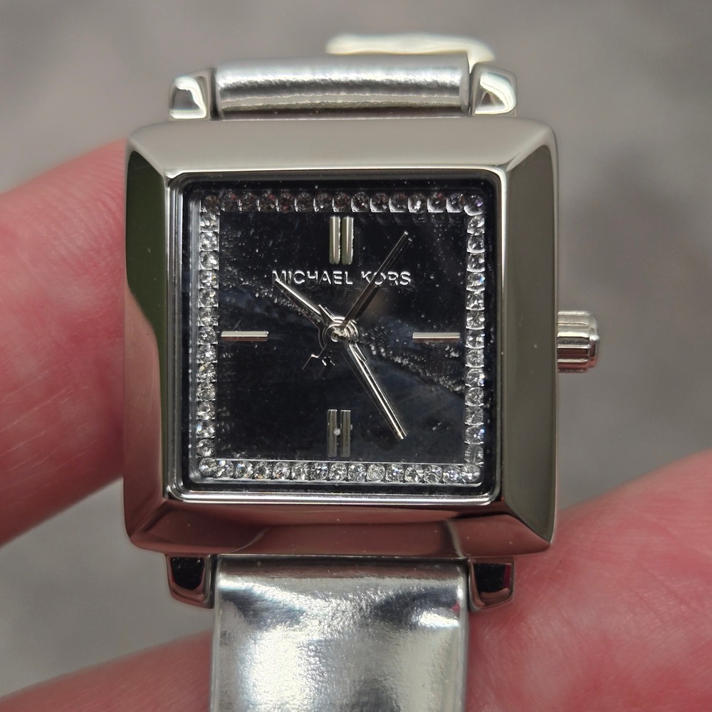 Michael Kors MK0-1219 Women Silver Leather Square Black Dial Crystal Watch